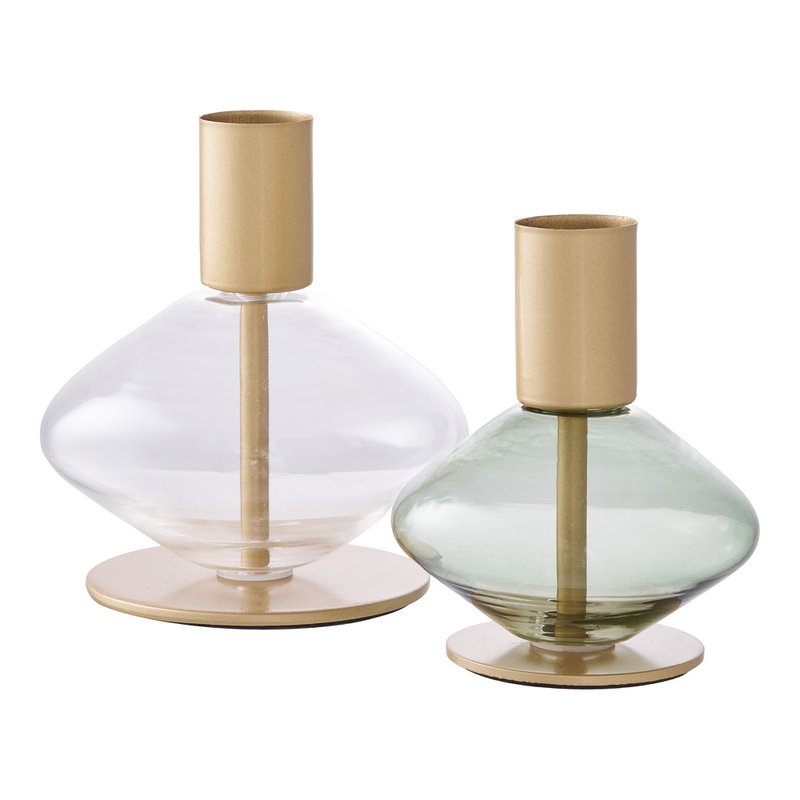 Kaarshouder - Goud/groen, helder, glas en metaal - Set van 2