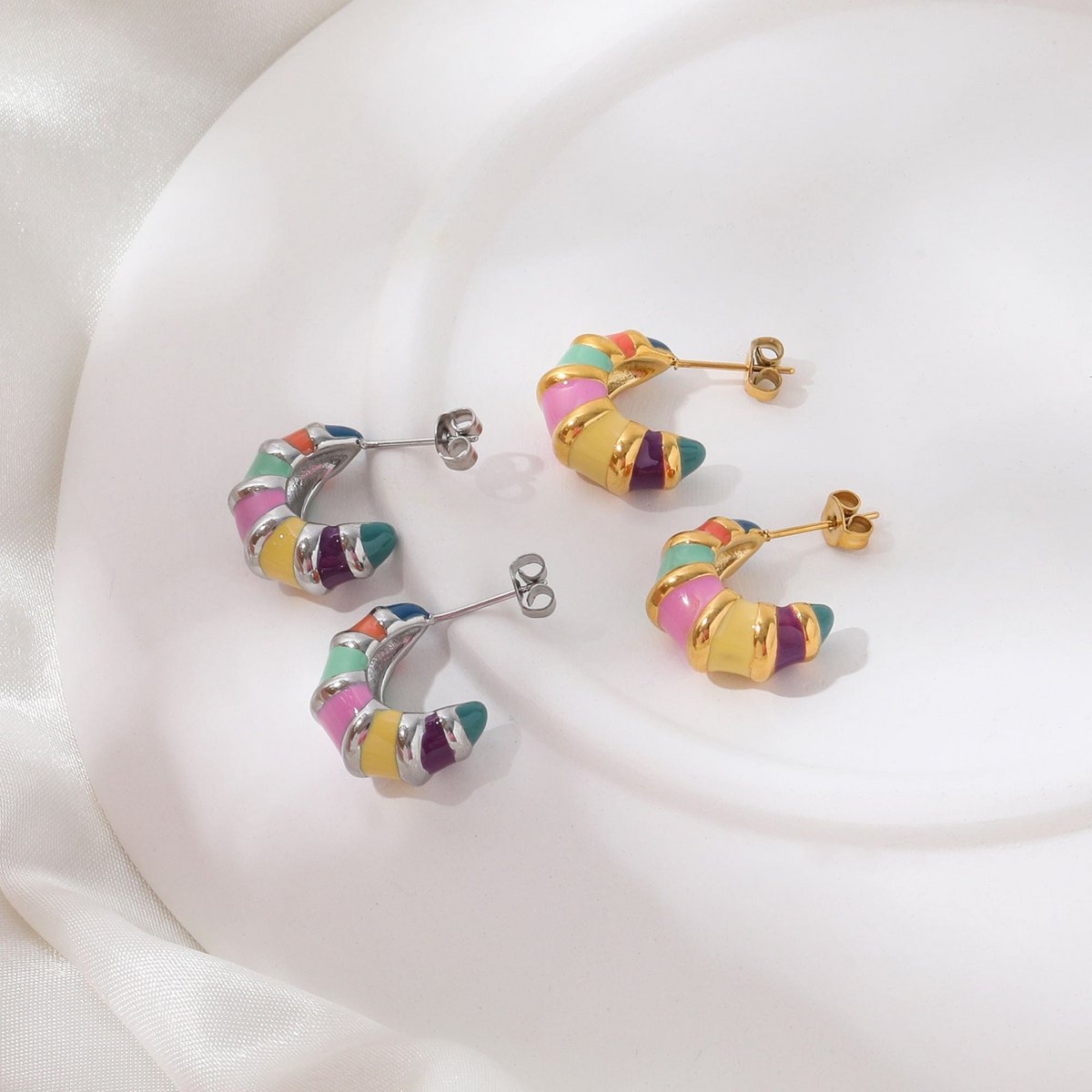 Nadine - Colourful Enamel Hoop Croissant Earrings