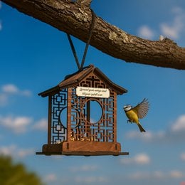 Wooden bird feeder with decorative design, suitable for outdoor use in gardens and patios to attract small birds.