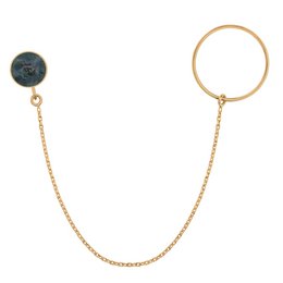Brooch with green stone nephrite and gold chain. Circular brooch with a green nephrite stone set in a gold-tone metal frame, connected to a gold-tone chain.