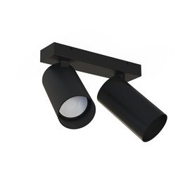  Black modern ceiling light fixture with two adjustable spotlights.