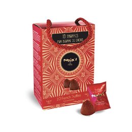 A red and gold gift box containing 10 French truffles made with pure cocoa butter.
