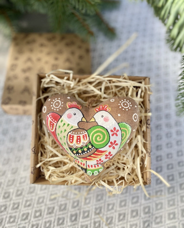 Textile ornament Vanilla and cocoa scented "Coffee heart with birds"