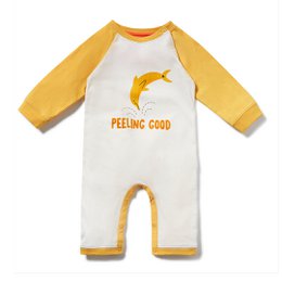 "Peeling Good Romper - A soft, comfortable baby romper in white and yellow with a playful dolphin graphic, perfect for infants 0-24 months."
The Peeling Good Romper is a baby romper designed for infants aged 0-24 months. It features a white base color with yellow raglan sleeves, and a playful dolphin graphic printed on the front. The romper is made from soft, comfortable materials that are gentle on a baby's skin. The design is simple yet stylish, making it a great choice for everyday wear or special occasions.