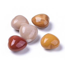 Mookaite jasper gemstone heart, 20mm in size, with a variety of warm, earthy colors including red, orange, and beige.