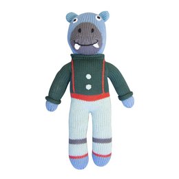 Soft, plush knitted hippo toy in green sweater. Ideal for children's playtime and cuddles.
