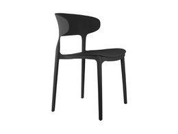  Black modern dining chair with curved backrest and straight legs.
