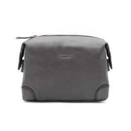 Gray leather toiletry bag with zipper, compact rectangular shape, 15x22x8 cm, durable handles