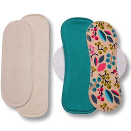 Reusable cloth menstrual pads in a variety of eco-friendly designs, including unbleached, red clover, turquoise clover, forest berries beige, and dancing flowers patterns.