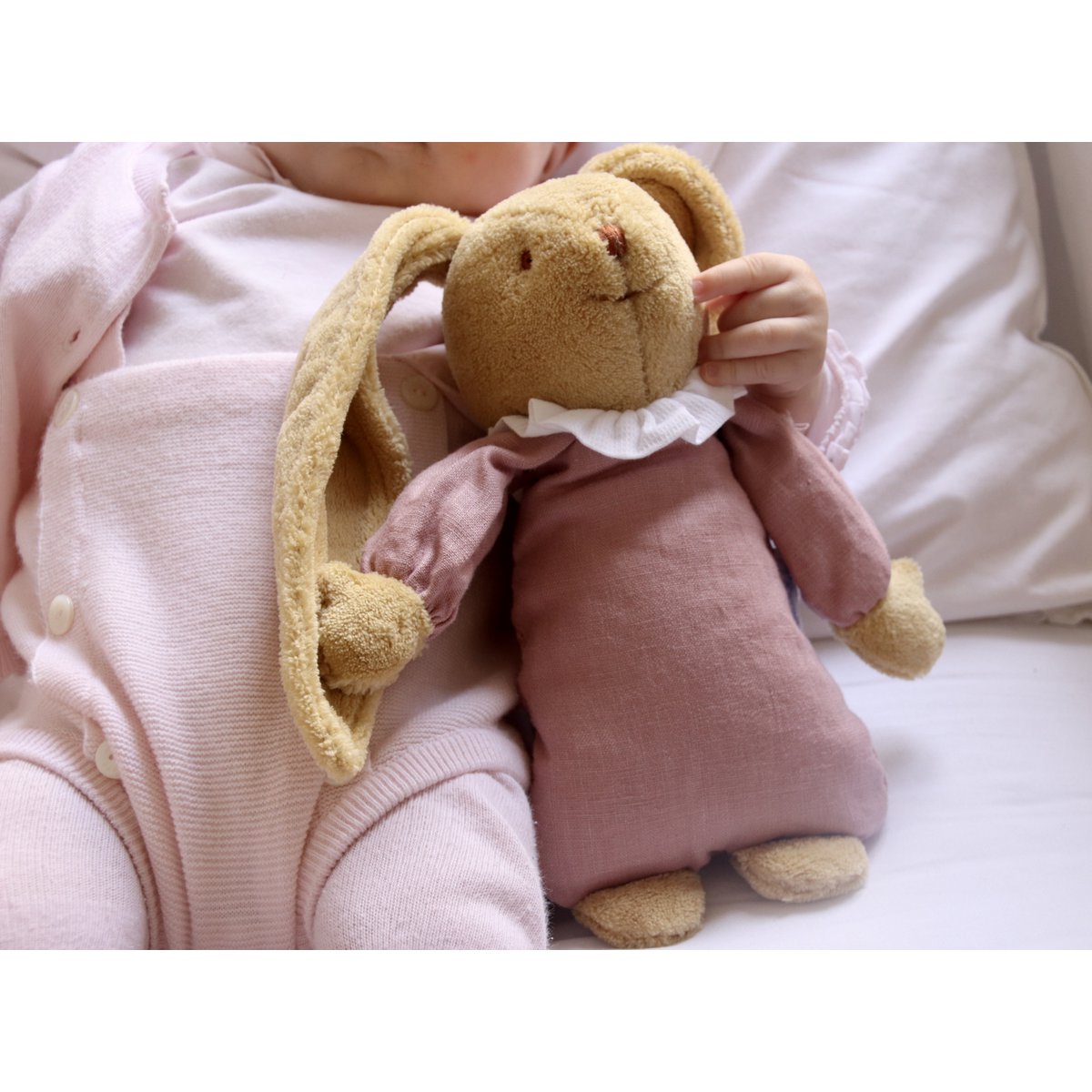 Lapin Nid d'Ange Doudou Musical - Vieux Rose 25Cm Coton Bio