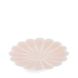 Soft pink enamel flower-shaped trinket dish, petal design, decorative jewelry tray, round floral shape.