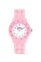 A pink kids' watch with a 30mm case size and 5ATM water resistance. The watch features a white dial with pink heart-shaped accents.
