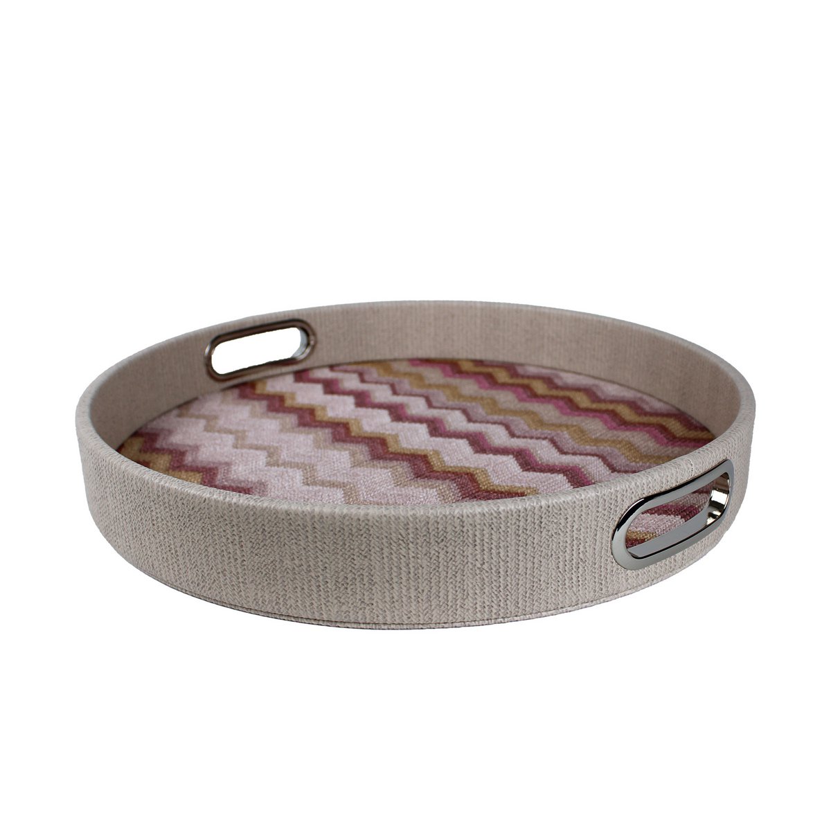 Plateau rond rose à motif zigzag avec poignées en acier inoxydable