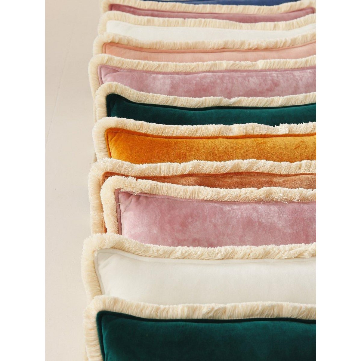 "Mustard" soft velvet bolster with fringe