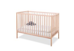 A small wooden cot bed with a simple, minimalist design. Features a slatted wooden frame and a mattress support.