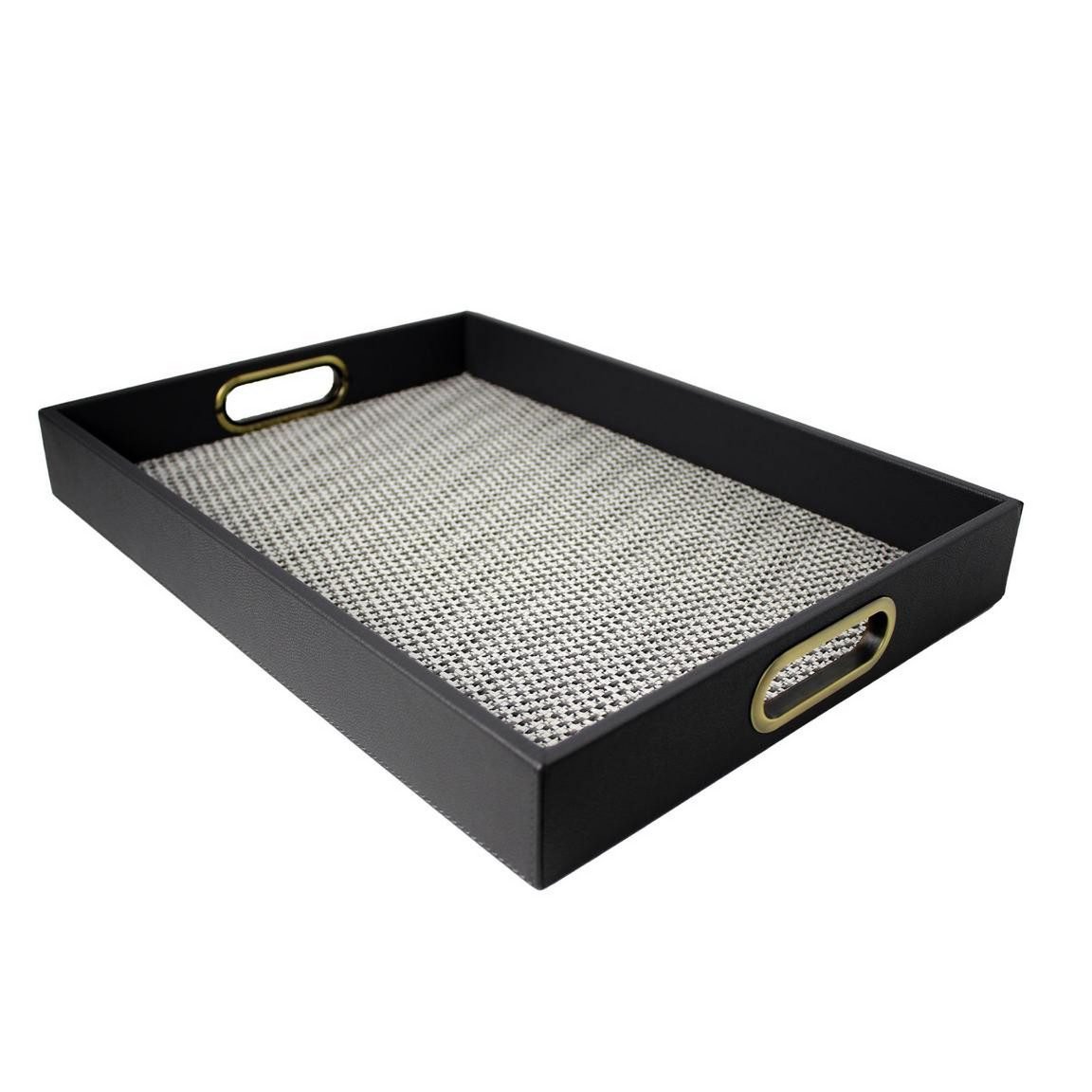 Serviertablett dunkelgrau strukturierte Einlage Messinggriffe 45x33 cm