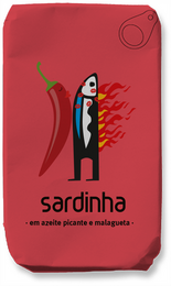 Canned sardines in olive oil, featuring a stylized penguin-like character on the red packaging.