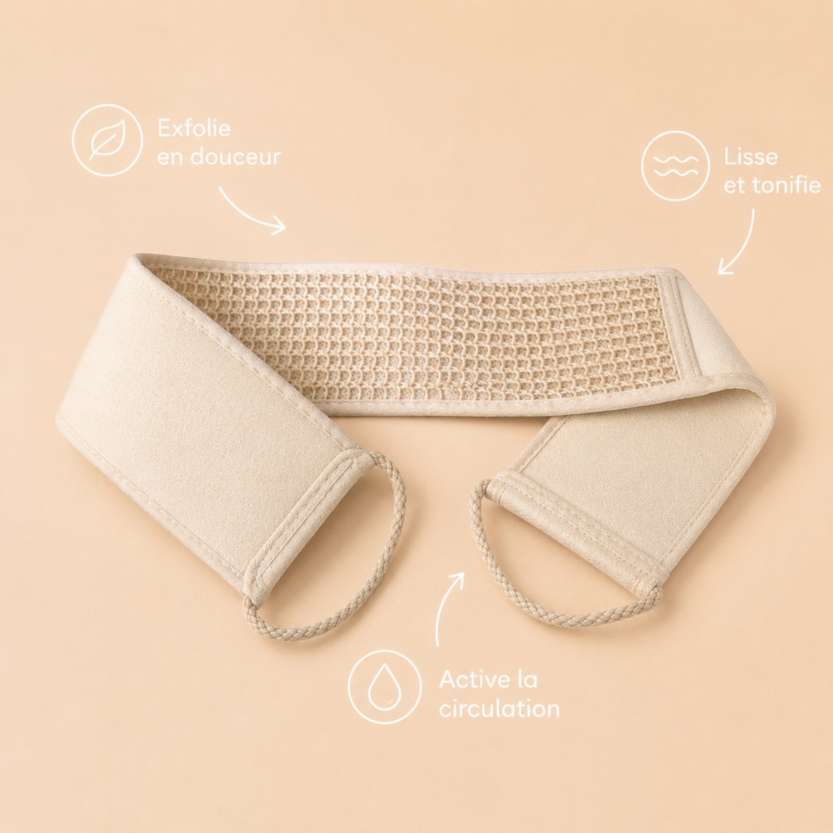 Horsehair Massage Strap - Horsehair Side and Soft Cotton Side - Scrub Effect Toilet Strap for the Shower - Against Orange Skin