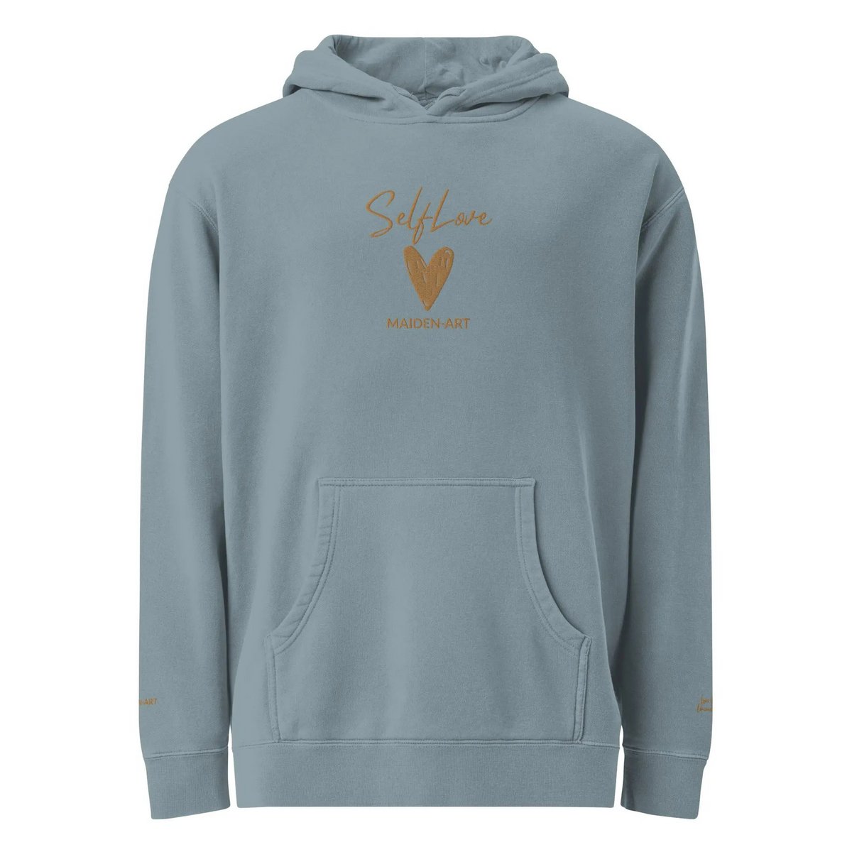 Self Love Unisex pigmentgefärbter Kapuzenpullover mit Altgold-Stickerei | Modischer Kapuzenpullover