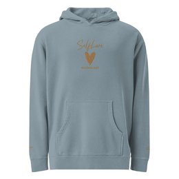 Self Love Unisex pigmentgefärbter Kapuzenpullover mit Altgold-Stickerei | Modischer Kapuzenpullover