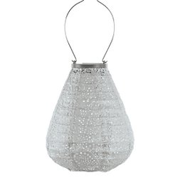 A silver-colored solar-powered garden light with a paisley tulip design, measuring 20 cm in height. Suitable for outdoor use.