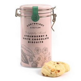 Strawberry and white chocolate flavored biscuit tin. Tin is pink in color with a green clasp. Contains round, shortbread-style biscuits.