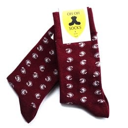 Burgundy socks with white paw print pattern, suitable for casual or athletic wear.