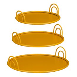 Oval yellow serving tray with curved handles.
