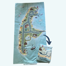 A colorful, illustrated map depicting a beach resort area with various amenities and activities. The map includes a winding road, buildings, boats, and other elements that suggest a seaside vacation destination.