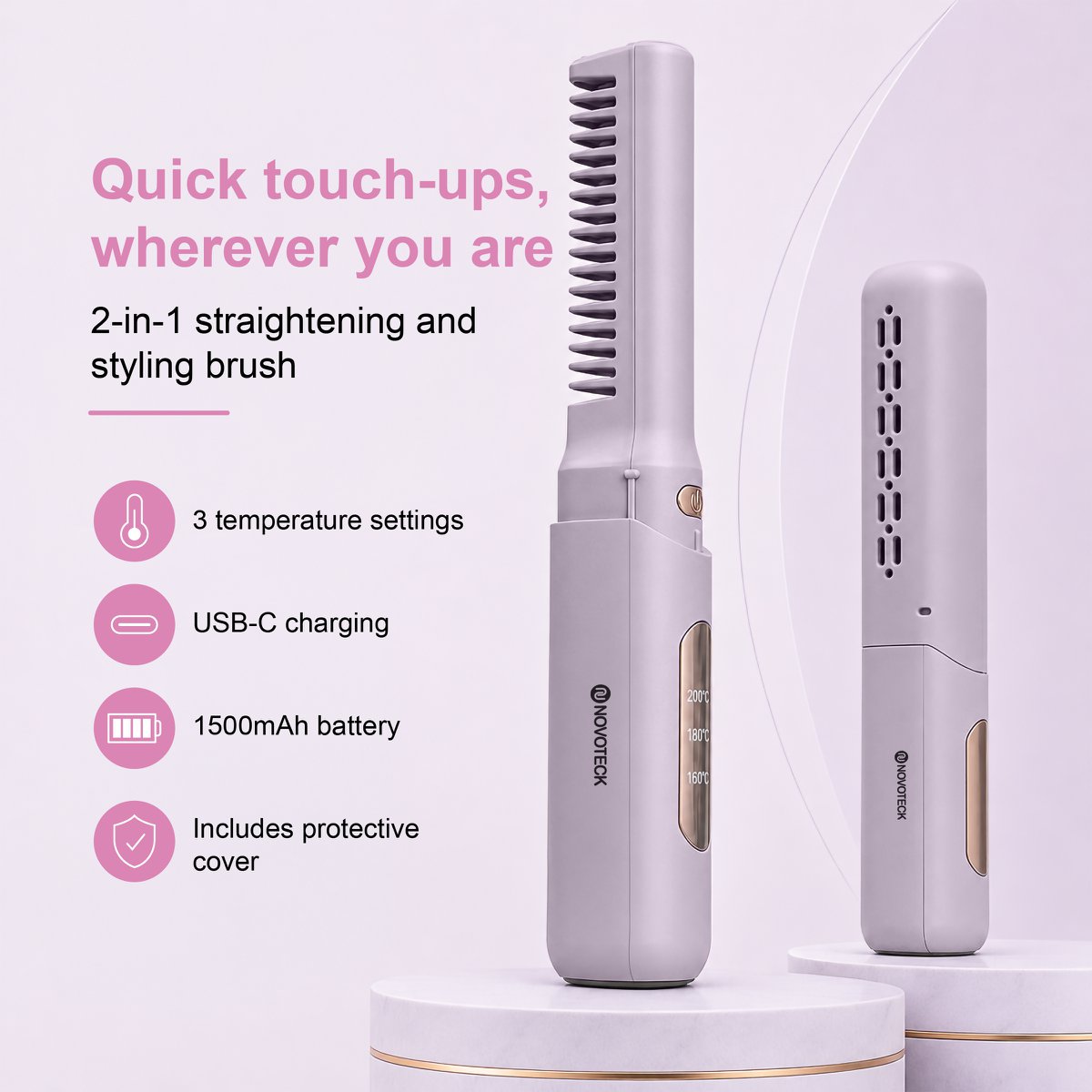 NOVOTECK HT-002 Cepillo para alisar y peinar el cabello 2 en 1 - Recargable, 3 configuraciones de temperatura, 1500 mAh, carga USB-C
