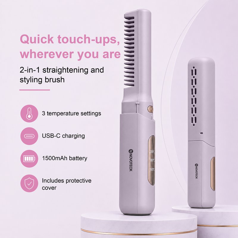 NOVOTECK HT-002 Cepillo para alisar y peinar el cabello 2 en 1 - Recargable, 3 configuraciones de temperatura, 1500 mAh, carga USB-C