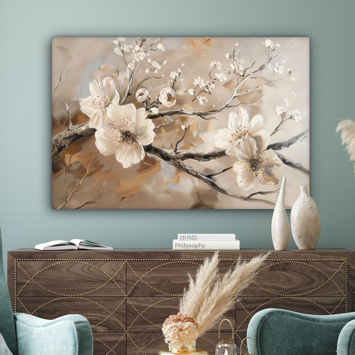 Canvas schilderij  - Wanddecoratie Bloemen - Natuur - Wit - Bloesem - Abstract - Muurdecoratie woonkamer - Slaapkamer decoratie - Kamer accessoires - Schilderijen op canvas