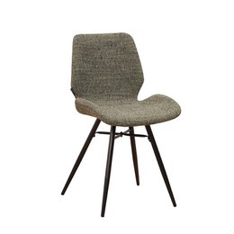 Upholstered dining chair with a green chenille fabric and black metal legs. The chair has a modern, minimalist design with a curved backrest and a comfortable seat.