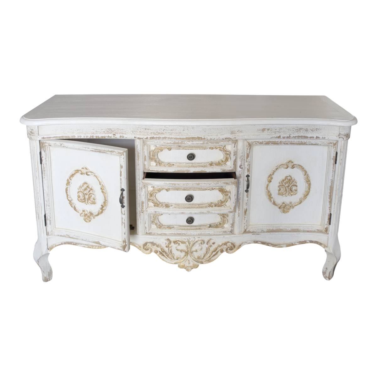 Armario Shabby blanco/dorado 3 cajones 2 puertas 128 x 38 x 76 h cm