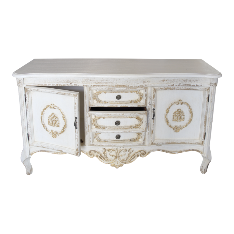 Armario Shabby blanco/dorado 3 cajones 2 puertas 128 x 38 x 76 h cm