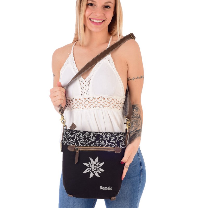 Traditionele tas van Domelo. Dames schoudertas. Dirndl schoudertas gemaakt van canvas en leer. Handtas in traditionele stijl met hertenedelweissprint. Crossbodytas voor dames als Oktoberfest-accessoire.