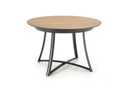  "Extendable round dining table, natural wood color, metal legs, modern style, seats multiple people"