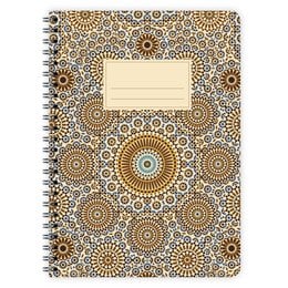 A spiral-bound notebook with a decorative cover featuring a repeating pattern of intricate, geometric designs in shades of brown, tan, and white. The notebook appears to be a Moroccan-inspired design.
