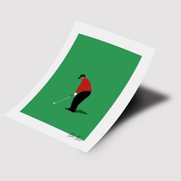 Minimalist poster of a golfer in a red shirt swinging a golf club on a green background.