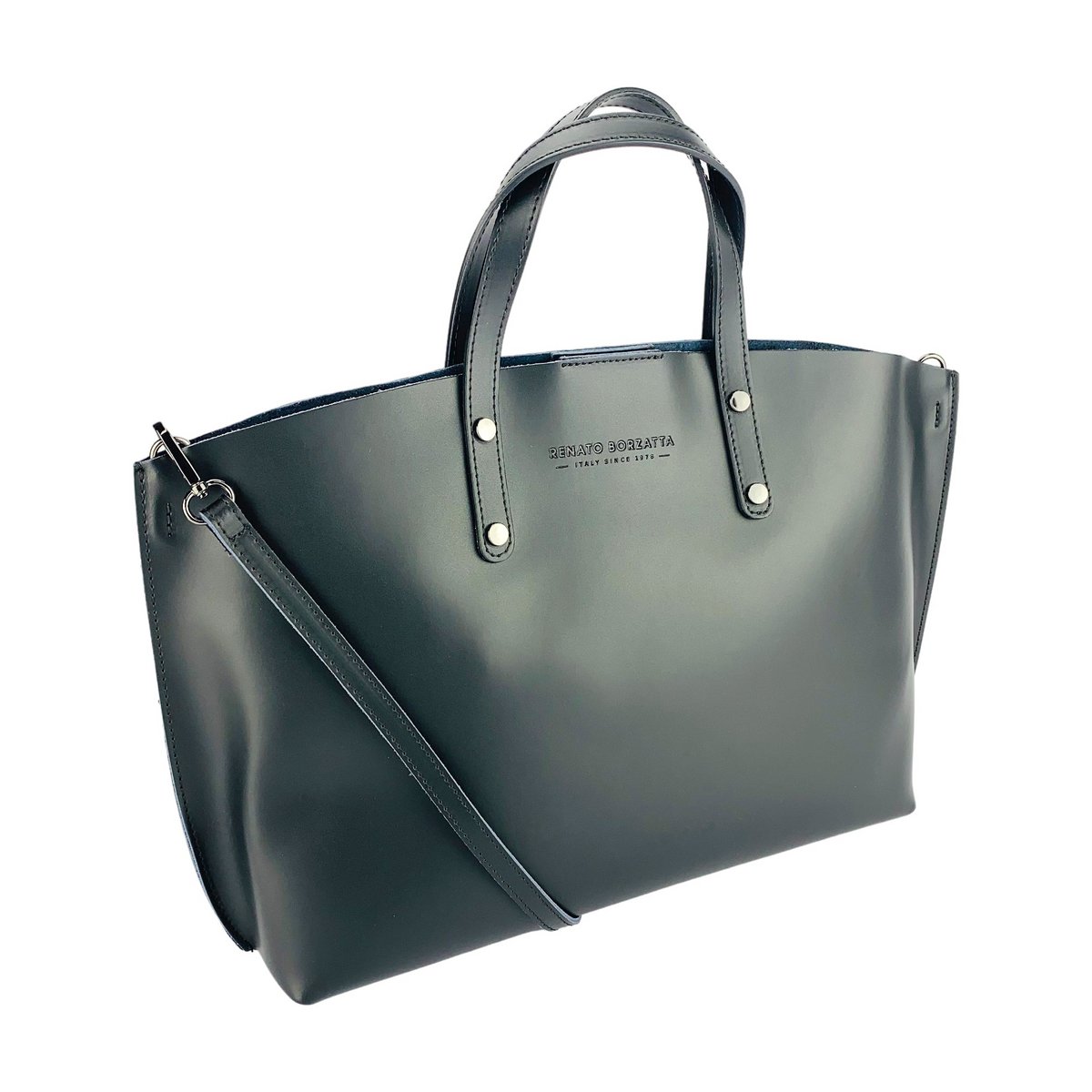 RB1024A | Damehåndtaske i ægte læder Fremstillet i Italien med aftagelig skulderrem. Stor indvendig aftagelig taske. Poleret gunmetal tilbehør - Sort farve - Mål: 48x31x11 cm