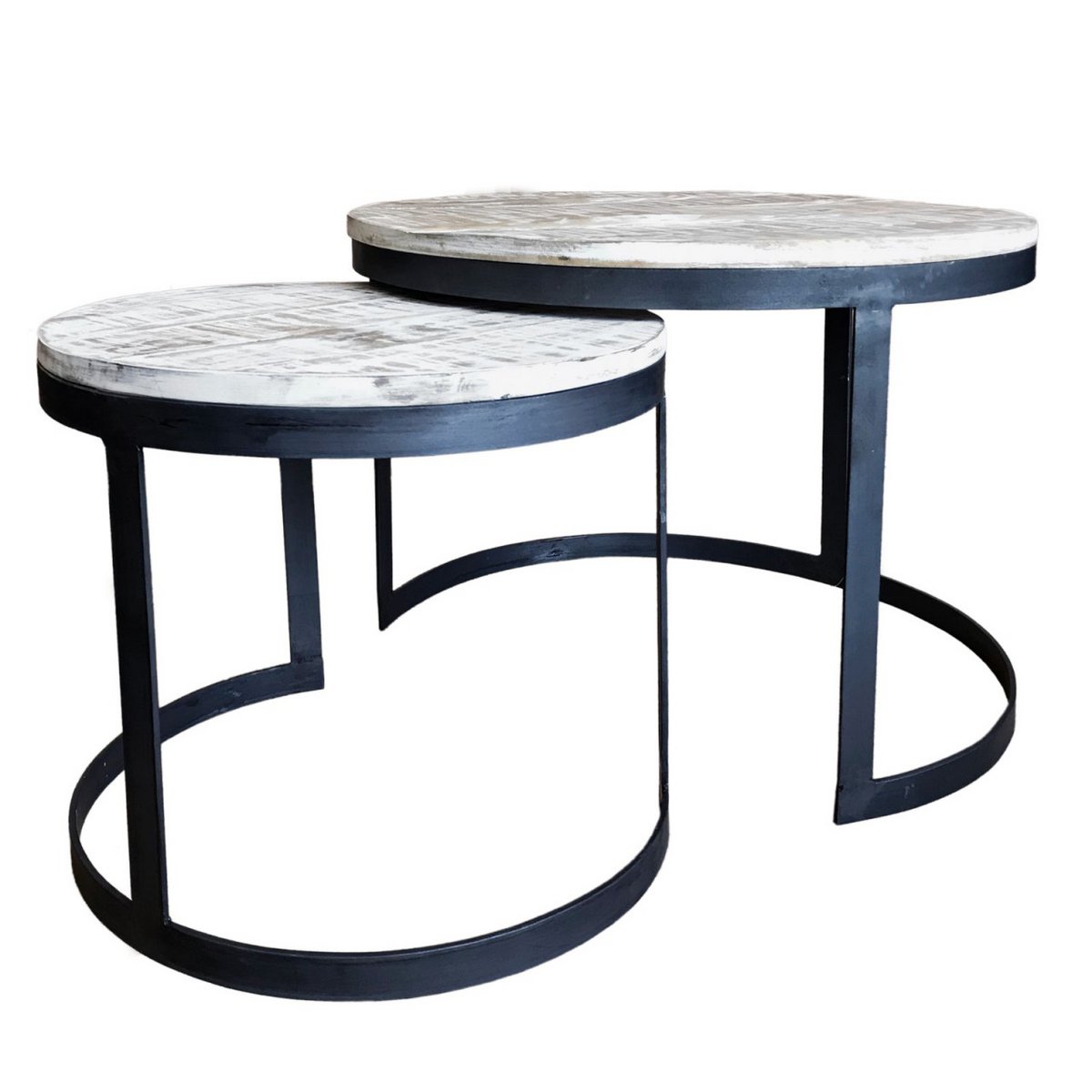 Mesa de centro, juego de 2, mesa auxiliar, mesa de salón, estructura redonda de metal Austin, plata antigua o negro