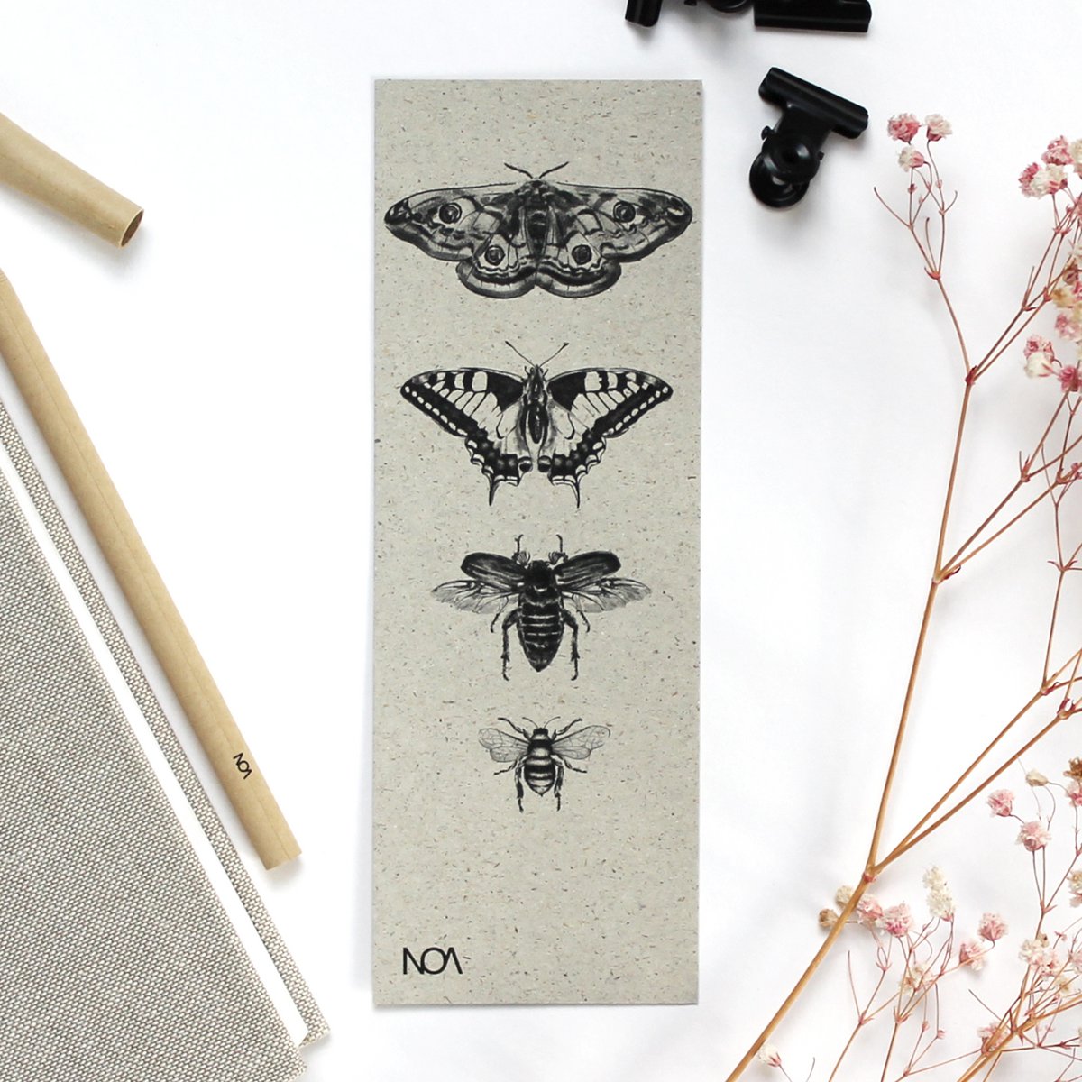 Lesezeichen aus Graspapier, Insekten