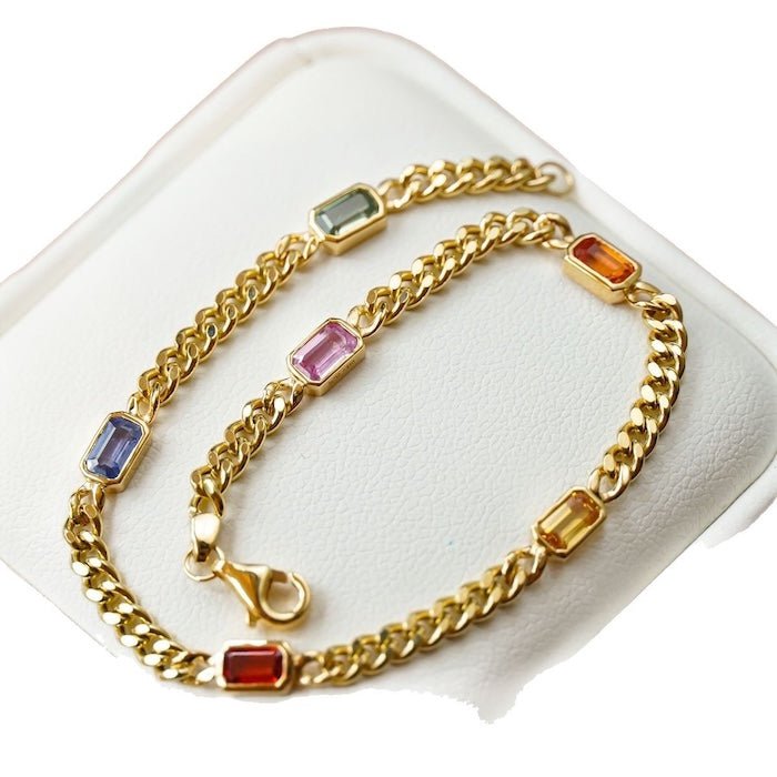 Bracelets à chaîne cubaine vermeil doré avec des pierres arc-en-ciel