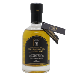 Extra virgin olive oil infused with black truffle, providing a rich, earthy flavor.