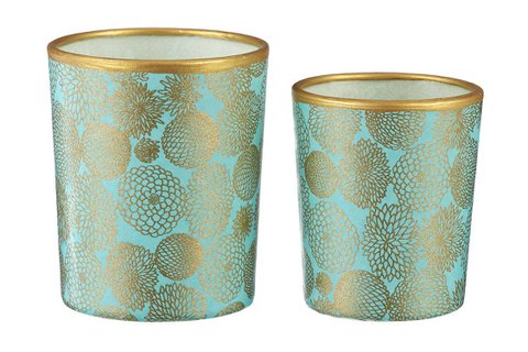 Medium Tealight Holder Made of Glass & Chiyogami Paper | Small Chrysanthemum / Mint | Hand made