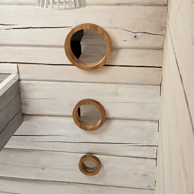 Set di 3 specchi di quercia artigianali per spazi rustici, minimalisti e di fattoria