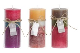 Set of 3 cylindrical wax candles in assorted colors - red, yellow, and brown. Each candle has a jute twine accent and a hang tag. The candles are approximately 6.5 inches tall and 6.5 inches wide, with a burn time of 80 hours.