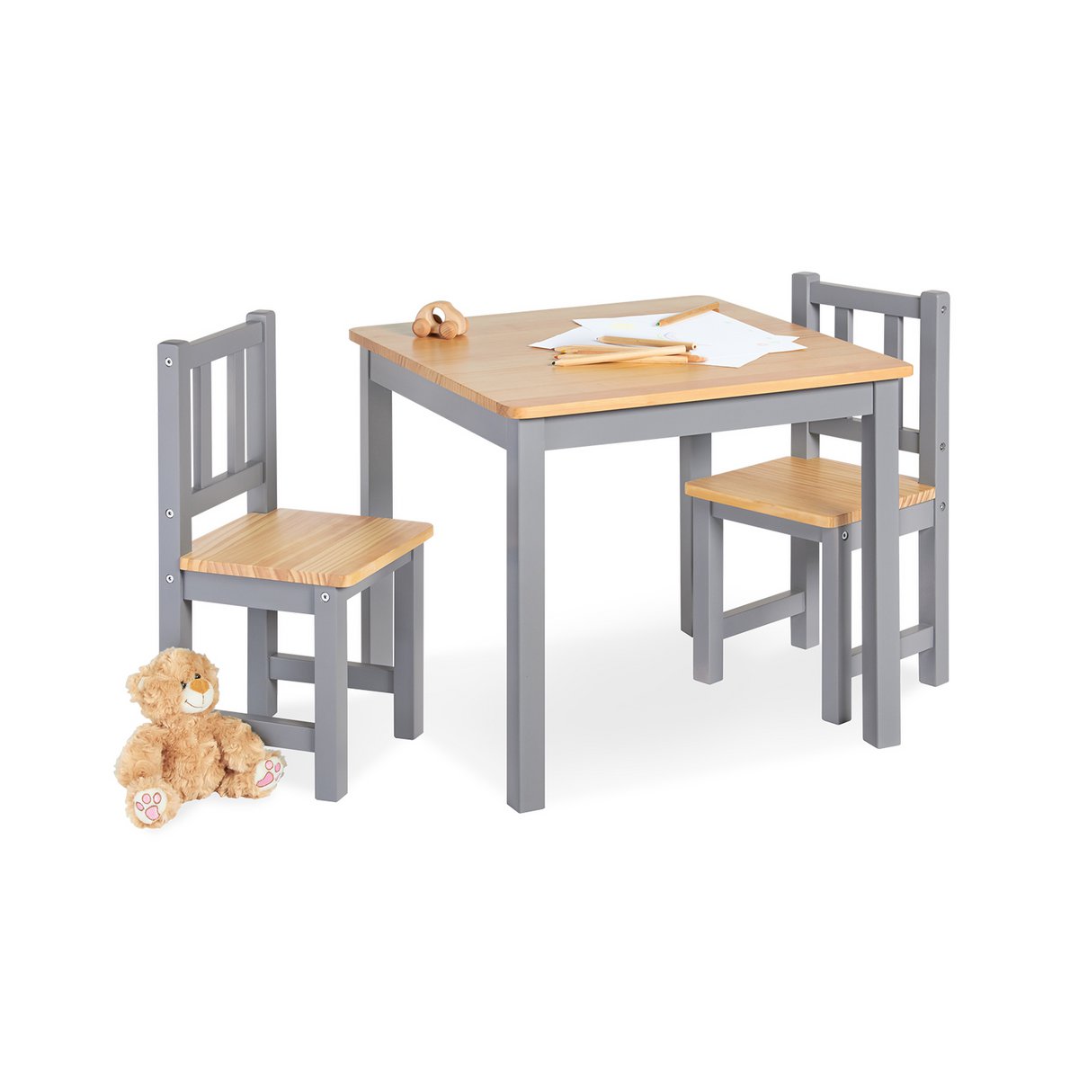 Kinderen tafel en stoel set "fenna", grijs/natuurlijk, 3 delen