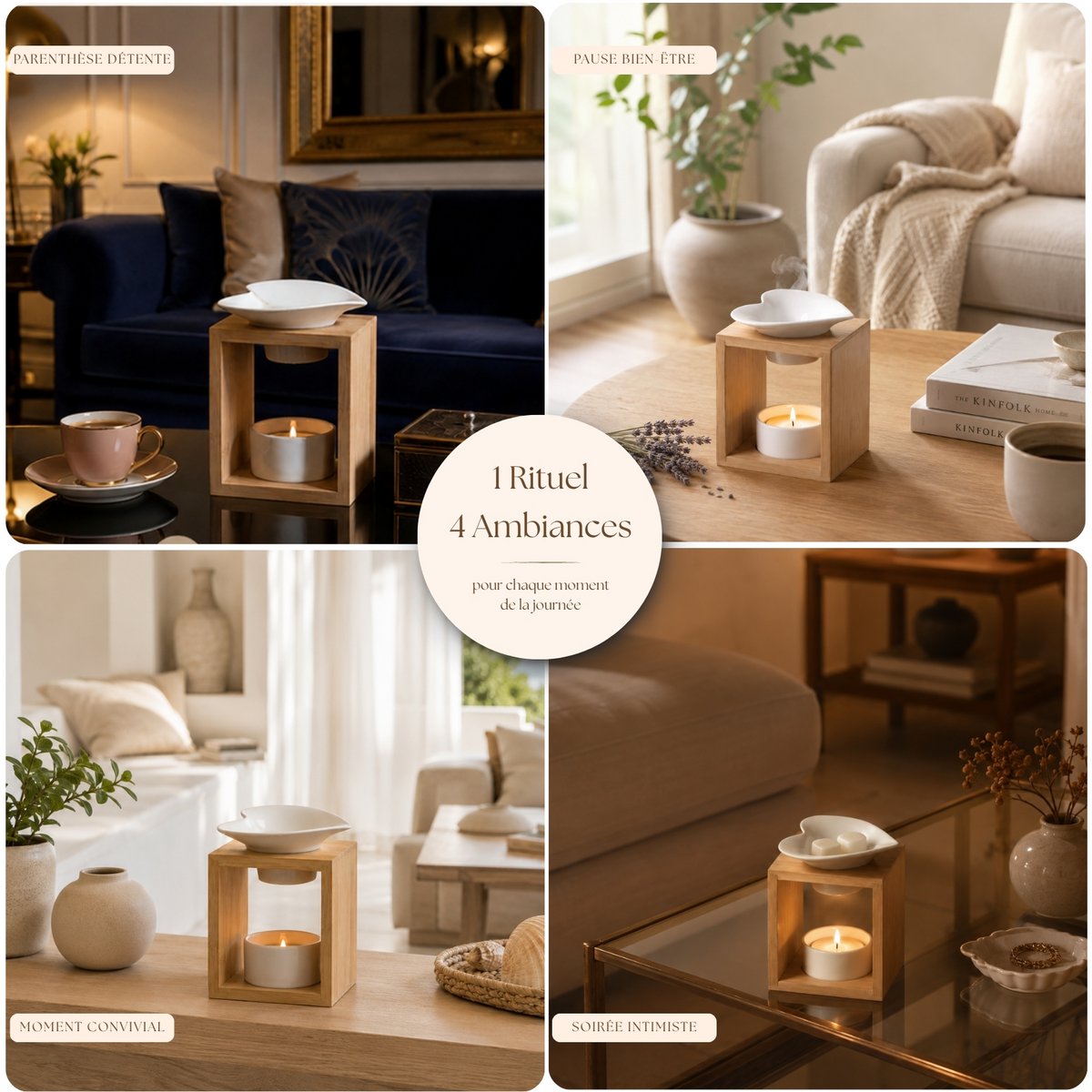 Brûleur Fondant Série Naturea Arum – Design Moderne et Epuré en Céramique et Bambou – Bougeoir Aromathérapie Diffuseur d'Arôme