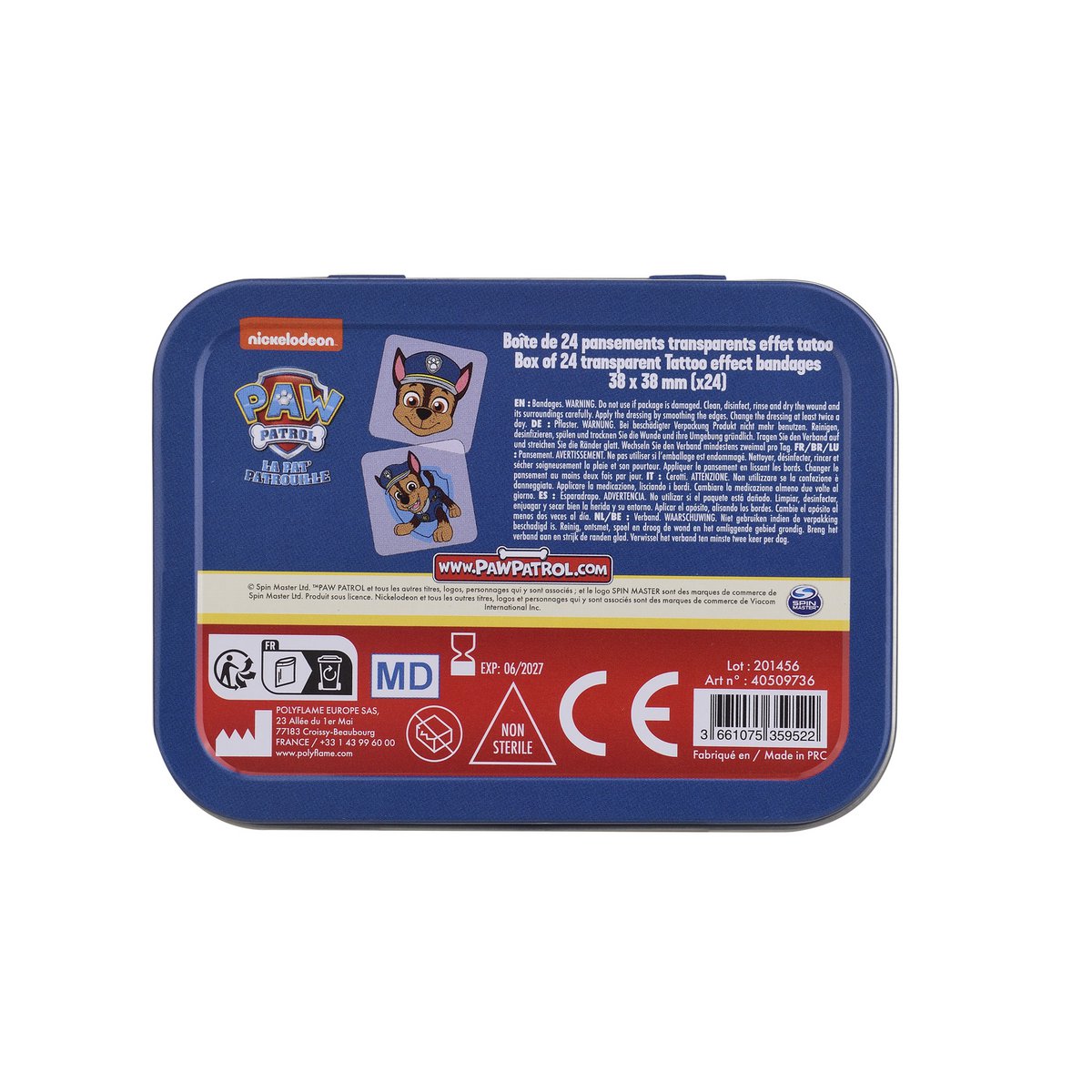 Paw Patrol - Chase - Metal box of 24 plasters